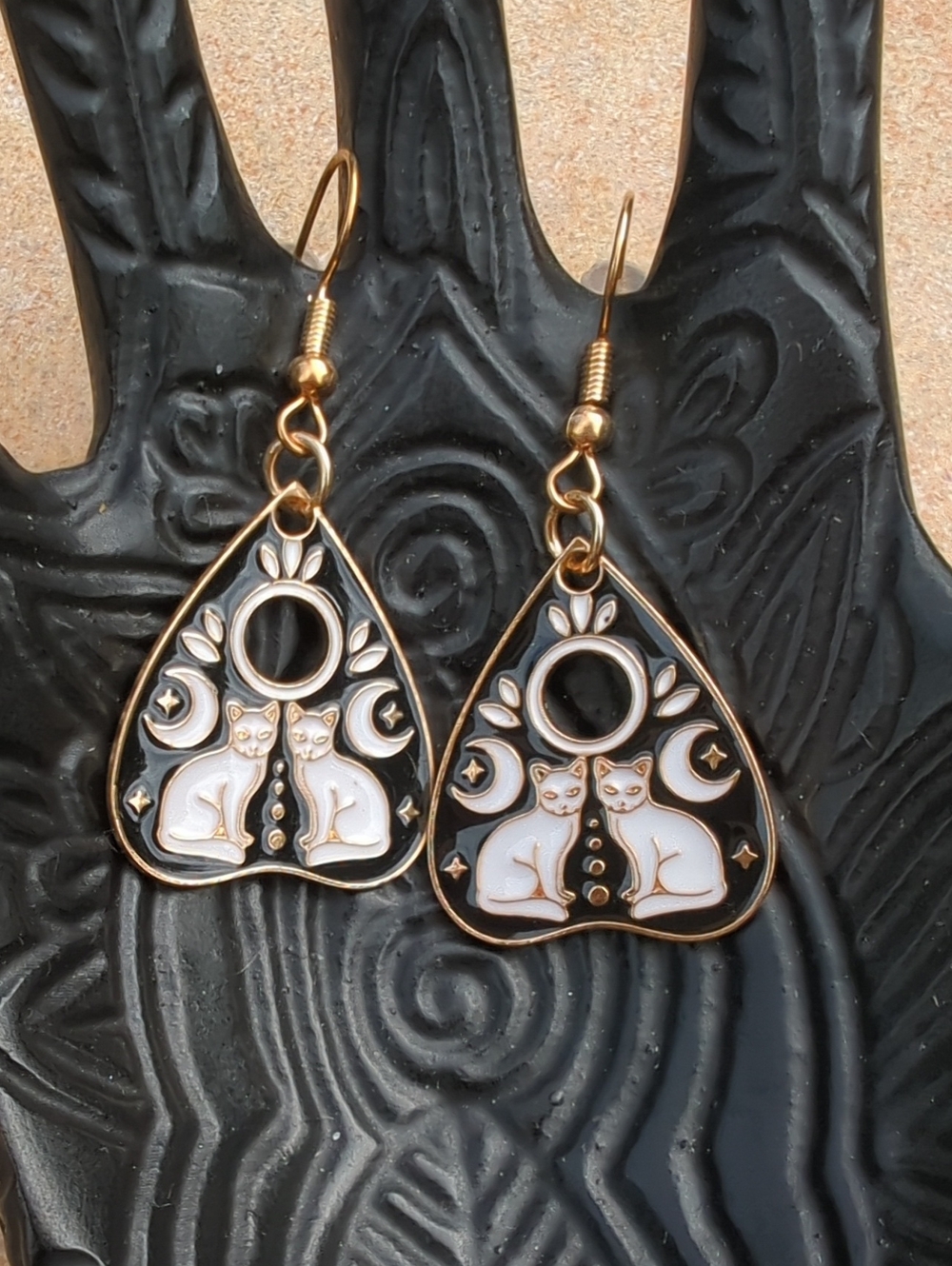 Cat And Moon Planchette Gold Black Cat Earrings
